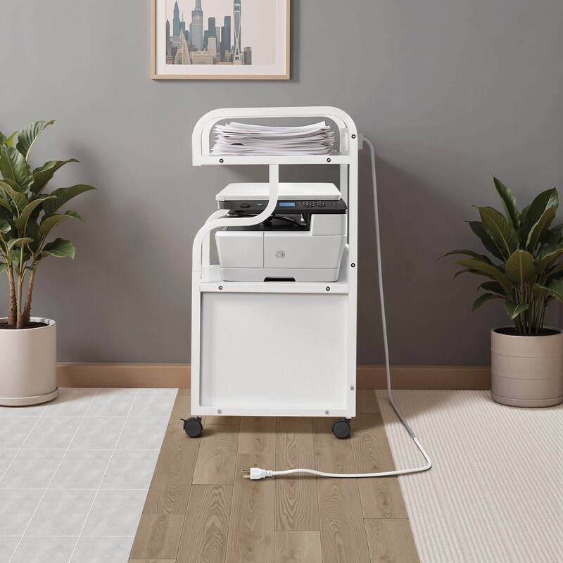 Javlergo 2-in-1 White Rolling Utility Cart with Outlets & USB Ports 3-Tier Open Shelf or 2-Tier with Door Cabinet Office Cart