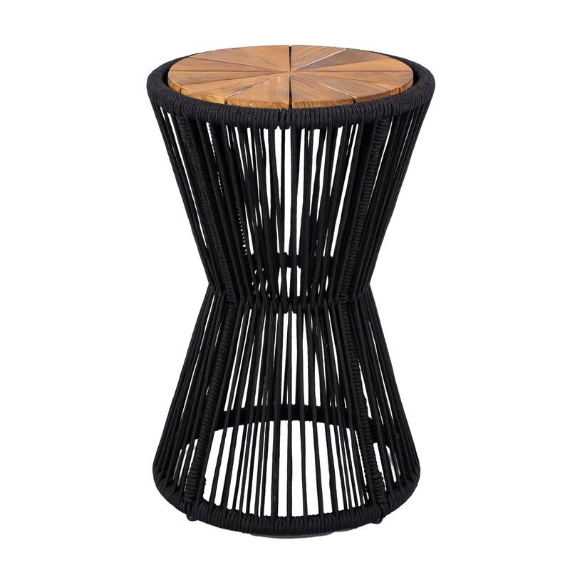 Roomfitters 25.8" Outdoor Side Table Modern Woven Rope Hourglass Patio Accent Table with Teak Wood Finish Top