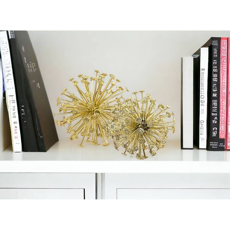 HomeRoots Set of Two Gold Cast Iron Decorative Spiky Sphere Tabletop Sculptures - 6.5' X '6.5' X '6.5 - 6.5' X '6.5' X '6.5