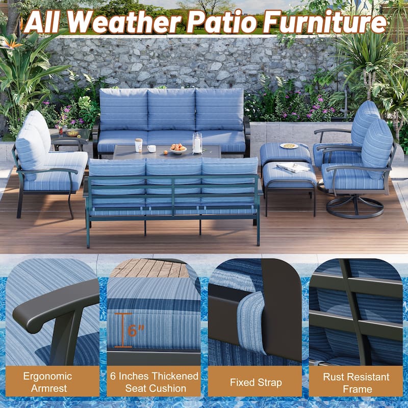 EROMMY Patio Set: 360° Swivel Rockers, Sofa, Ottomans & Table – Outdoor Conversation Set for Poolside, Garden & Deck