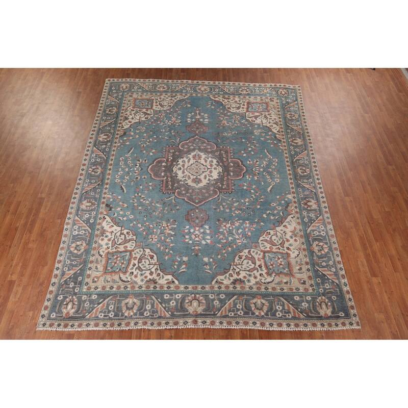 Blue Distressed Tabriz Vintage Persian Area Rug Handmade Wool Carpet - 9'7" x 12'3"