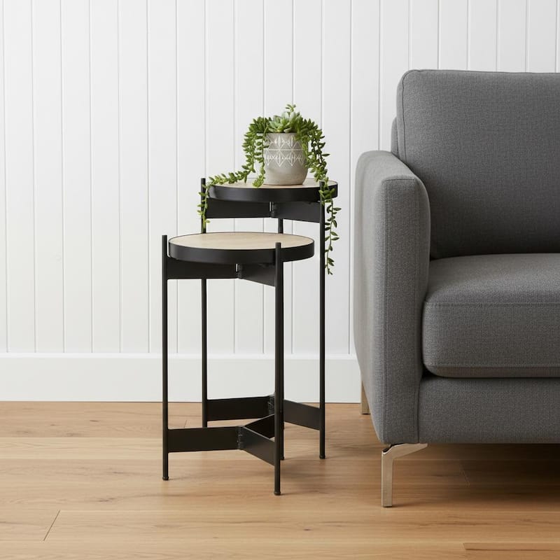 HomeRoots Set of Two Brown And Black Marble And Metal Nested Tables - 14.00 in. x 24.00 in. x 26.00 in. - Brown - Marble