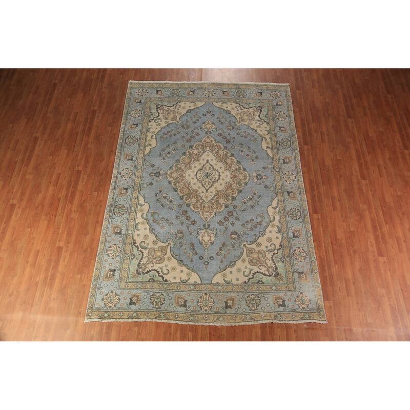 Light Blue Tabriz Persian Area Rug Hand-Knotted Oriental Wool Carpet - 7'10"x 11'1"