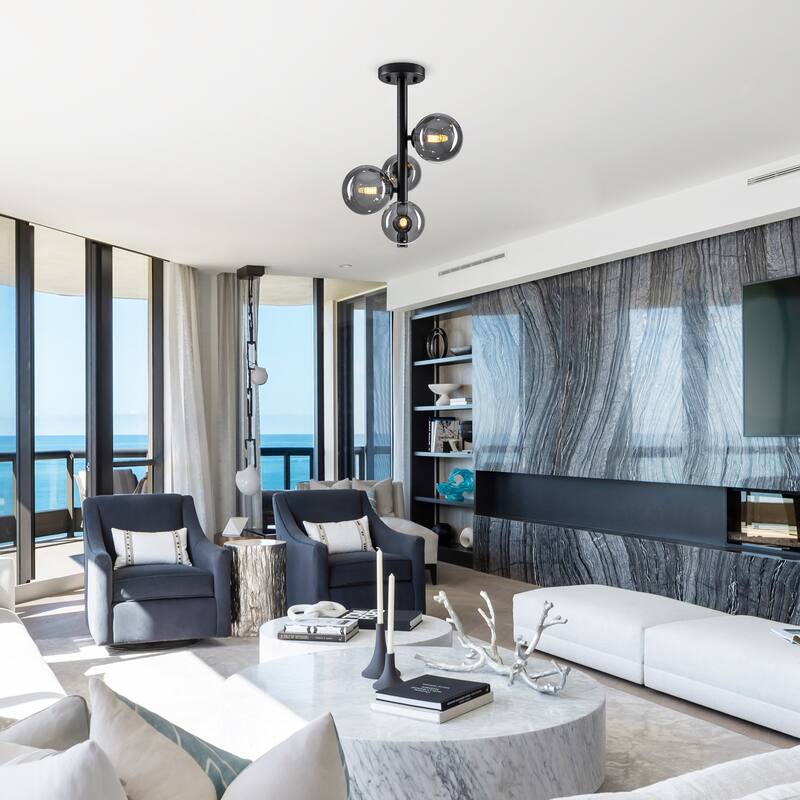 8 Lights Modern Semi-Flush Mount Ceiling Light Smoky Gray Glass Globe