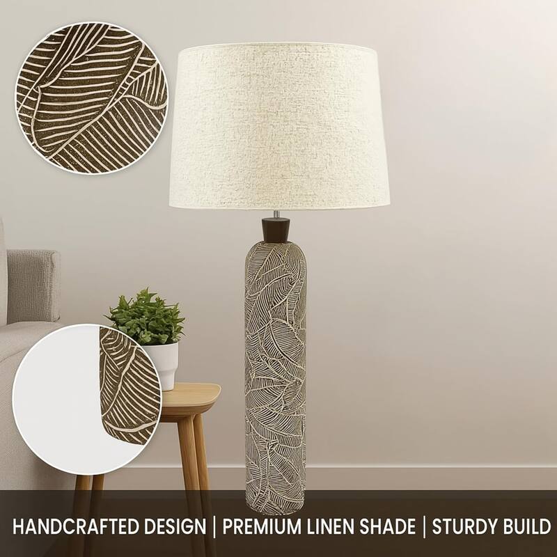 Brown 38 Inch Textured Resin Floor Lamp with Neutral Linen Drum Light