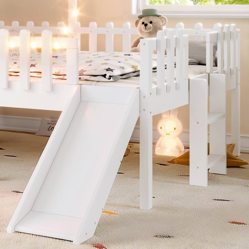 Full Size House Loft Bed with Slide,Playhouse Bed with Star Moon-shaped Designs and Window, Chic Design with LED Lights