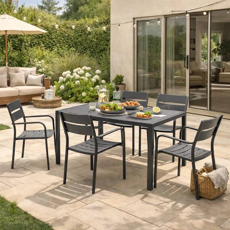 Meta 7 Piece Outdoor Dining Table, Chairs Set, Gray, Plank Seats and Backs