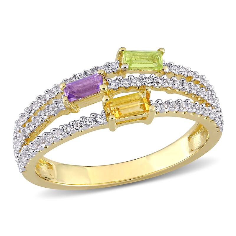 Multi Color Citrine, Peridot, Amethyst & White Topaz Multi Row Ring in Yellow Plated Sterling Silver by Miadora