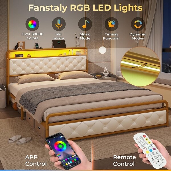 Bed Frame LED Light Headboard Platform Bed Frame Faux