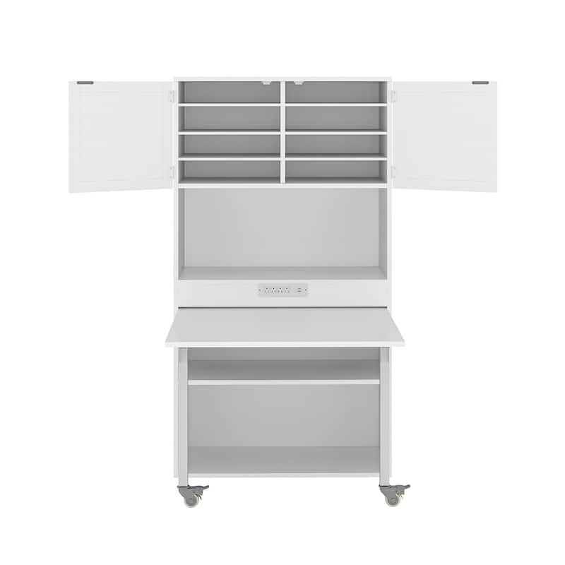 Moasis Expandable Crafting Table with Storage, Artwork Sewing Table with Cabinet and Magnetic Doors & Power Outlets