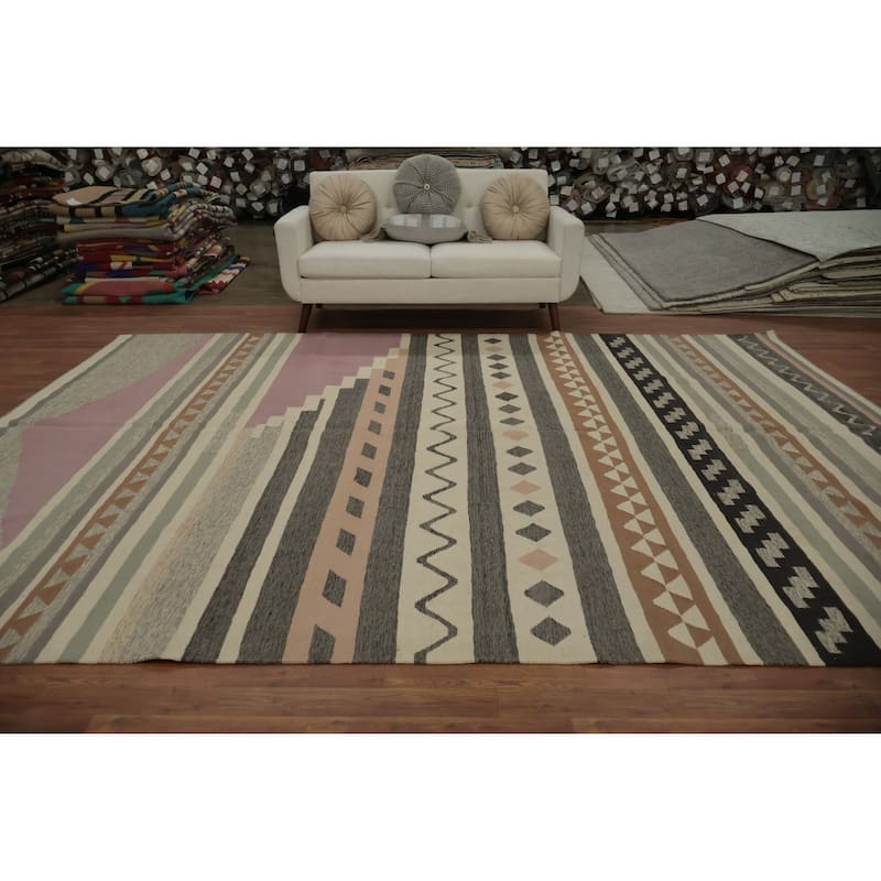 Hand Woven Oriental 100% Wool Carpet Southwestern Tribal Multi-Colored Kilim Area Rug - 12' 0'' X 8' 9''