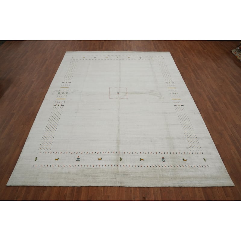 Hand Knotted Oriental 100% Wool Carpet Tribal Animal Pictorial Beige & Ivories Gabbeh Area Rug - 12' 0'' X 9' 0''