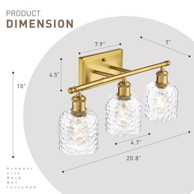 Bathroom Lighting with Clear Hammered Glass, Brushed Gold Finish