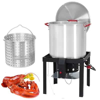 Seafood Boil Pot and Burner Kit, Aluminum Stock Pot with Strainer