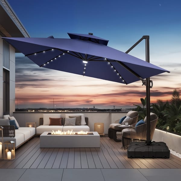 dayva patio umbrellas PURPLE LEAF 15x9ft Double-Sided Rectangular Outdoor Market Patio Umbrella with Base, Light Grey