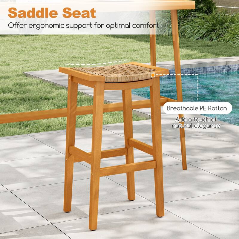 Gymax Outdoor Acacia Wood Bar Stools Set of 4 w/ PE Rattan Seats &