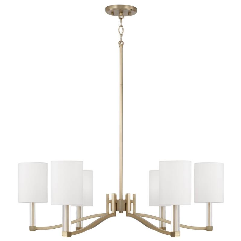 40" W x 18.5" H 6-Light Chandelier in Matte Brass with Clear Acrylic Accents and Cylindrical White Fabric Shades - 32"W x 10.5"H - 32"W x 10.5"H - Matte Brass