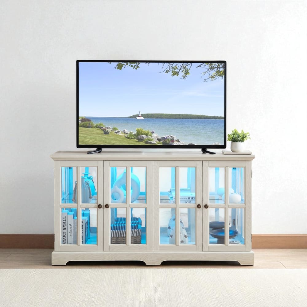 LED Antique Curio Display Cabinet with Glass Doors, Adjustable Shelves and Vintage 4-Door Design