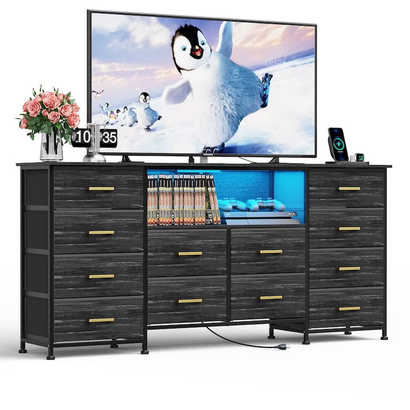 Dresser for Bedroom with Power Outlets And LED Lights, TV Pedestals, Large Size TV Stand with 12 Drawers - 12-drawer