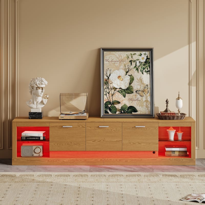 Roomfitters 78" Modern TV Stand with Storage Cabinets and Open Shelves, Long Entertainment Center for Living Room, Oak