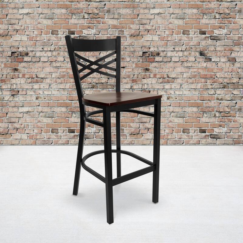X'' Back Metal Restaurant Barstool - 17"W x 18"D x 42.25"H - 17"W x 18"D x 42.25"H - Mahogany Wood Seat/ Black Metal Frame