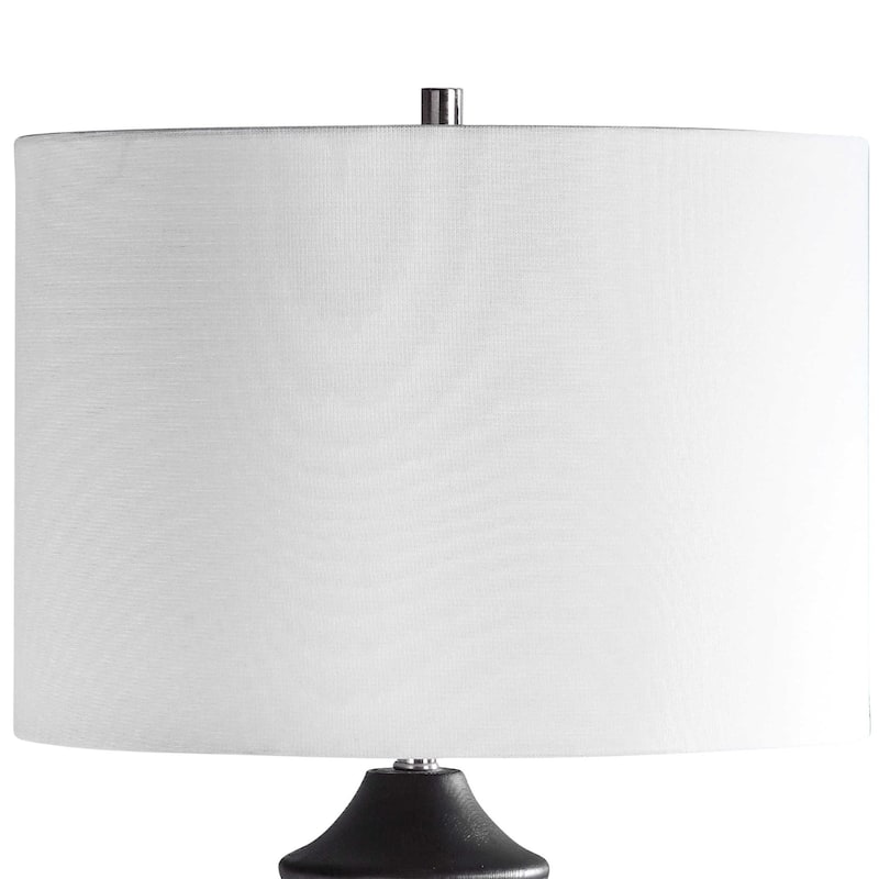 Carved Wood Table Lamp with White Round Hardback Drum Shade - 30" - Black
