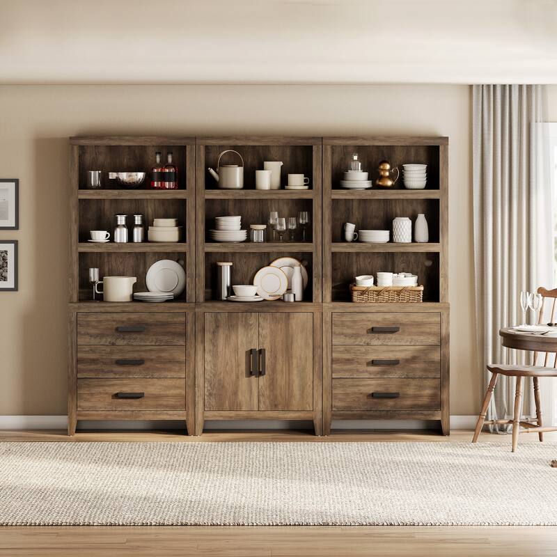 WAMPAT 74" 3-Piece Bookcase, Farmhouse Storage with Doors & Drawers