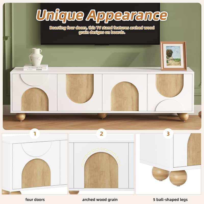 69.6" Farmhouse TV Stand for TVs up to 75", Media Console with Cable Holes, Rebound Doors, 5 Wood Legs