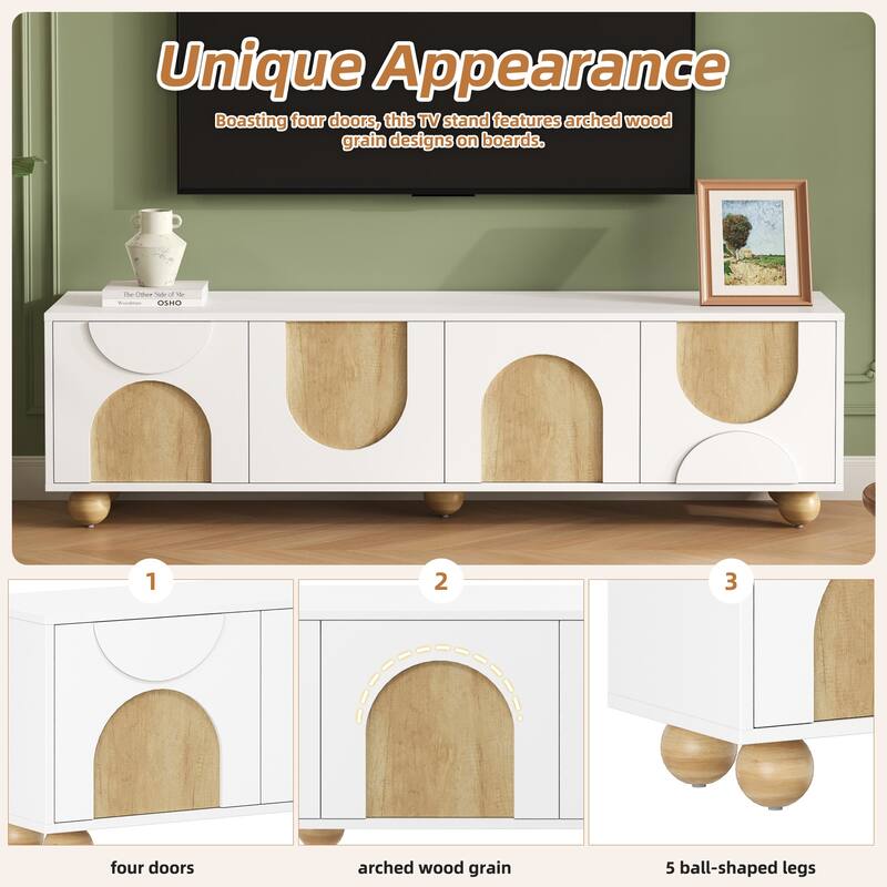 Rustic Cream TV Stand for 75" Screens - Farmhouse Media Console with Cable Management & Safety Rebound, Solid Wood Legs .