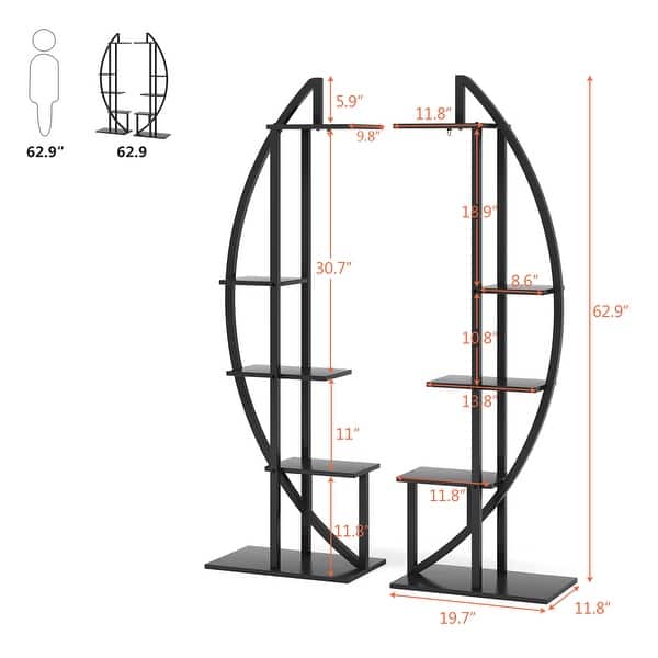 dimension image slide 2 of 3, 5-tier Flower Rack Plant Stands Wooden Display Shelf, Half Moon Flower Table (Set of 2)