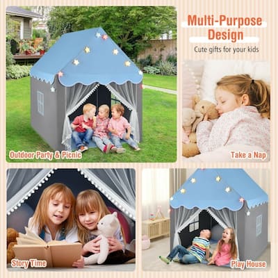 Kids Playhouse Tent with Star Lights and Mat-Blue - 41.5" x 48" x 53.5" (L x W x H)