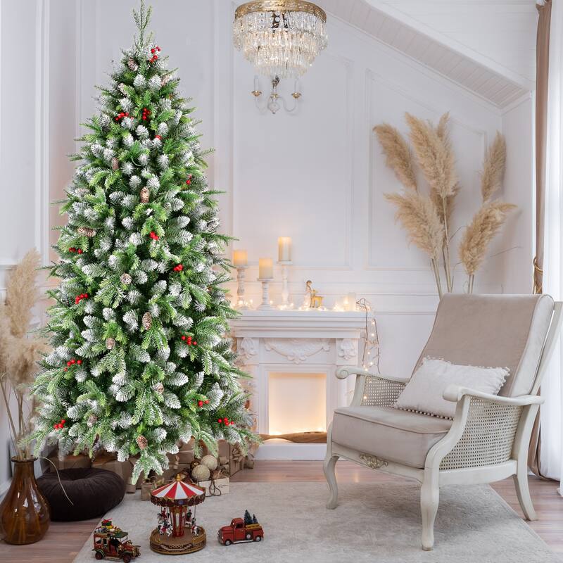 Pre-Lit Artificial Christmas Tree - Warm White LED Lights, Frosted Greenery, Red Berries, Pinecones, Metal Stand - Green