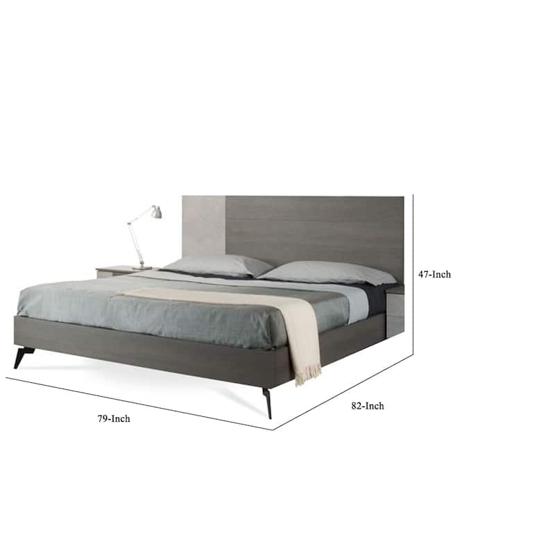Leen King Size Platform Bed, Black Metal Legs, Gray Panel Headboard