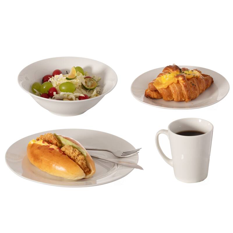 Dinewares 16 PC Rimmed Dinnerware Set for 4 Person, Mugs, Salad and Dinner Plates and Bowls Sets, White