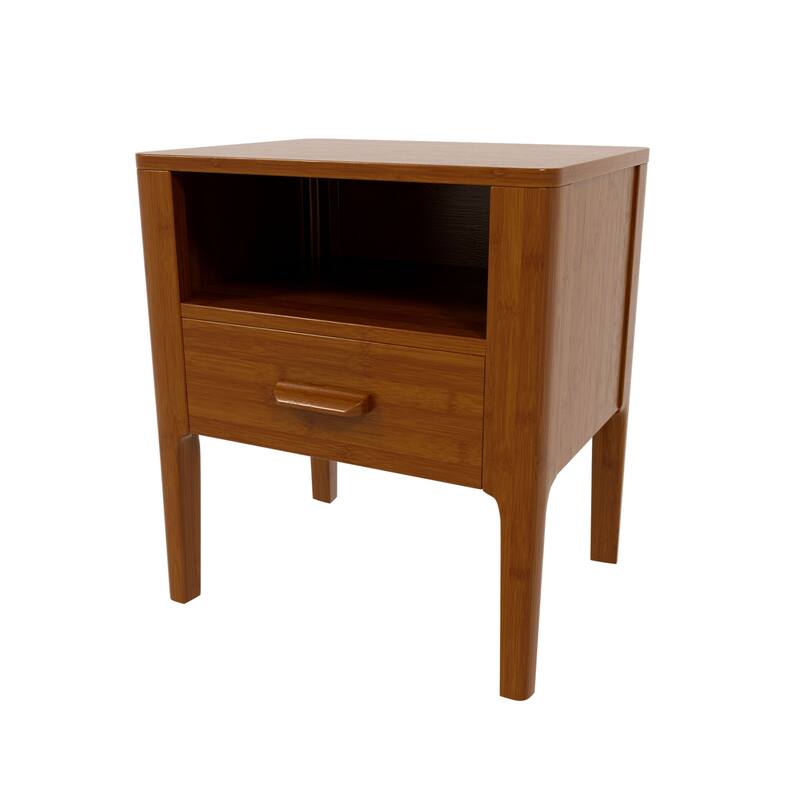 GDFStudio - Miri Mid-Century Modern Solid Bamboo Wood Nightstand with Drawer & Open Shelf, Softly Curved Edges Design