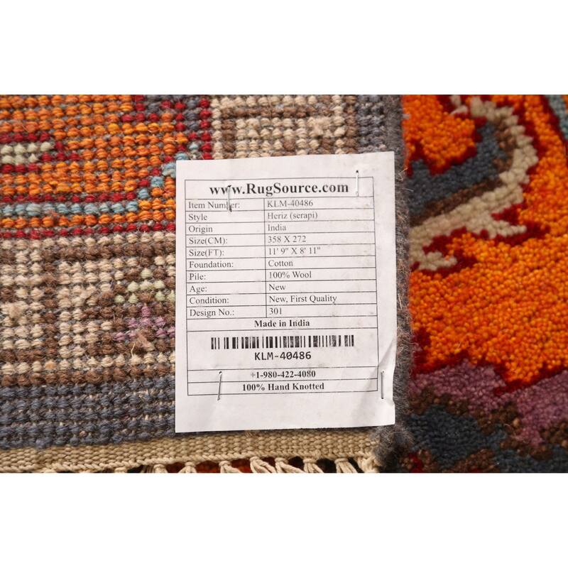 Blue Traditional Heriz Serapi Indian Area Rug Hand-Knotted Wool Carpet - 8'11" x 11'9"