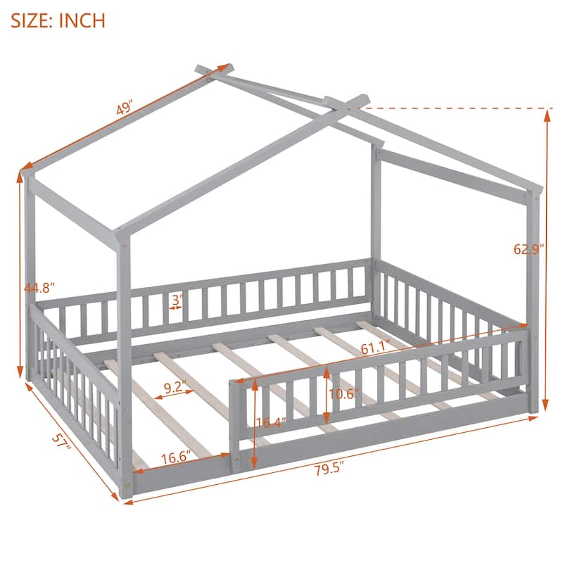 Full Size Wood Bed House Bed Frame with Fence, for Kids, Teens, Girls, Boys
