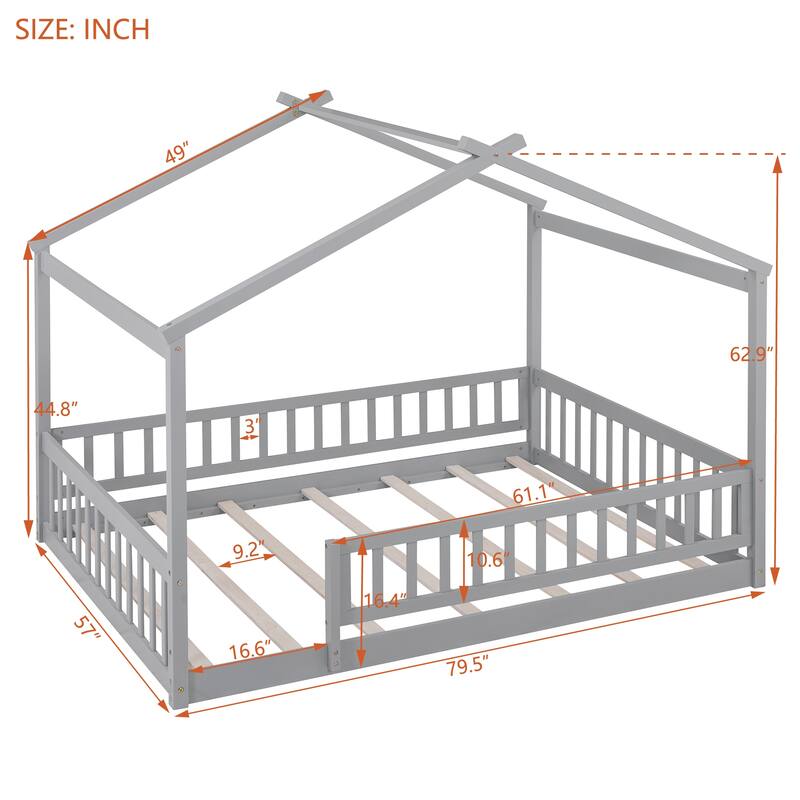 Full Size Wood bed House bed Frame with Fence, for , Teens, Girls, Boys,Gray