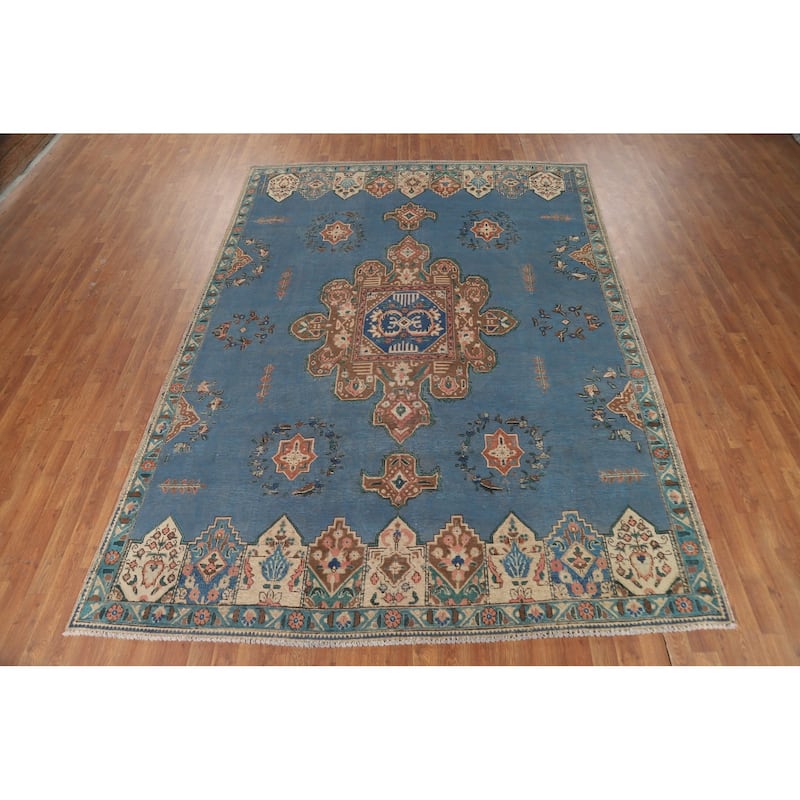 Blue Geometric Tabriz Persian Rug Traditional Handmade Wool Carpet - 7'8"x 10'8"