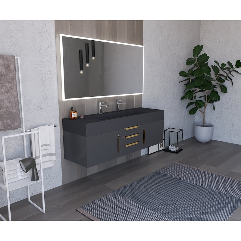 Nile 60" Wall Mounted Bathroom Vanity Set w/ Black Top