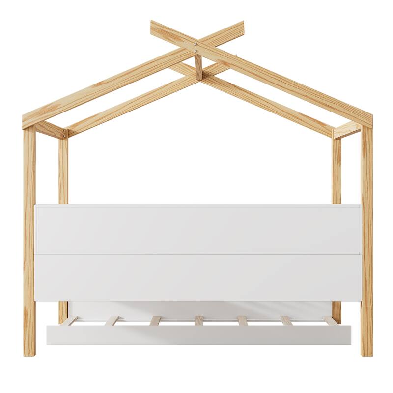 Wooden House Bed Original Wood Colored Frame with Bookshelf Storage Space