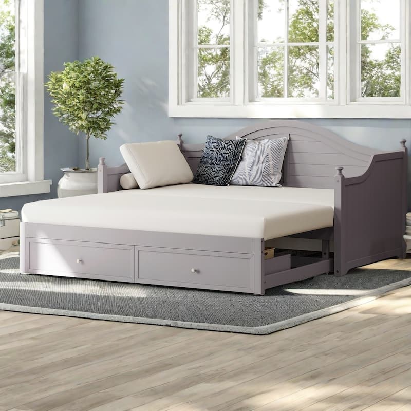 Twin Size Wood Daybed with Pop-Up Trundle and Storage Drawers by Harper&Bright Designs - Grey
