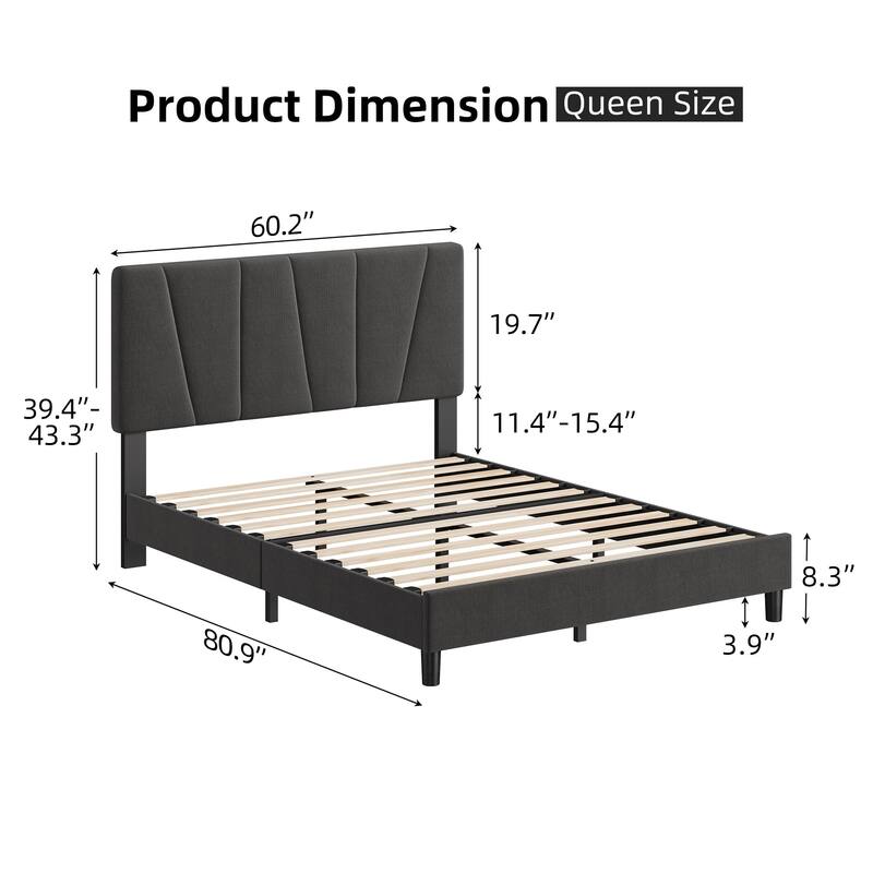 Grey Velvet Upholstered Platform Bed Frame with Wooden Slats