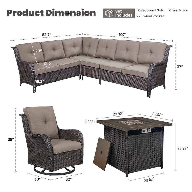 Gymojoy 4-Piece Outdoor Wicker Patio Furniture with Fire Pit and L-shaped Sectional Sofa, Coversation Set with Thick Cushions