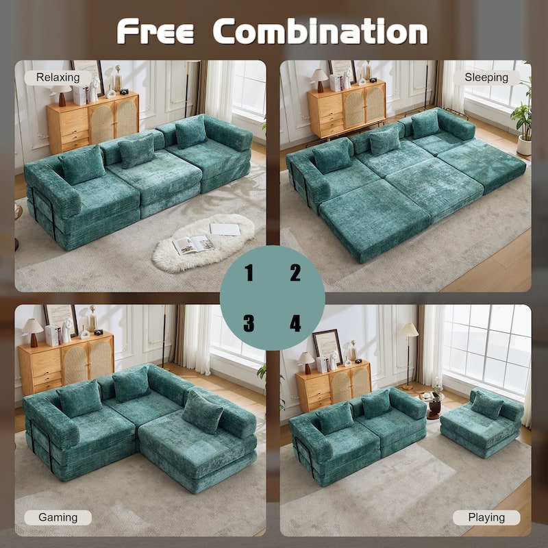Free Combination Lazy Folding Sectional Sofa Chenille Modular Sleeper Sofa Bed Floor Standing Compression Mattress