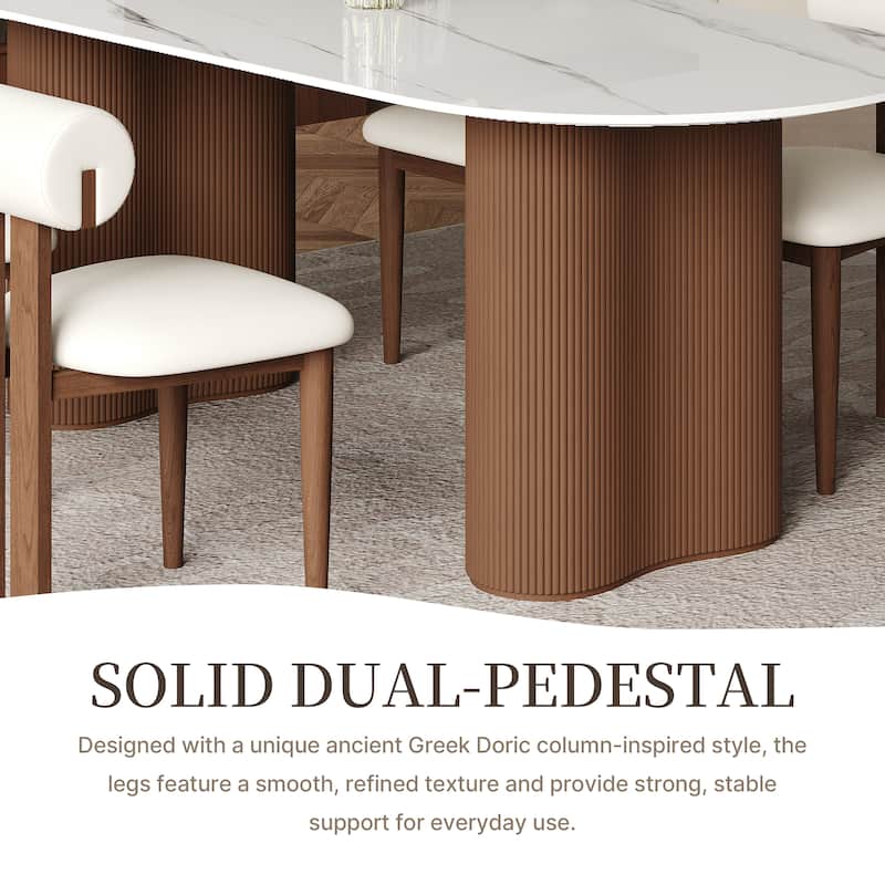 71" Glossy White Sintered Stone Dining Table, Double Round Legs, Oval Kitchen Table for 6 Persons