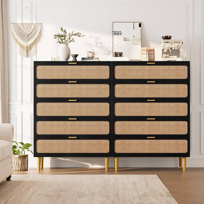 Rattan 5 Drawer Tall Dresser for Bedroom, Large Chest with Deep Drawers and Wide Top for Closet or Hallway