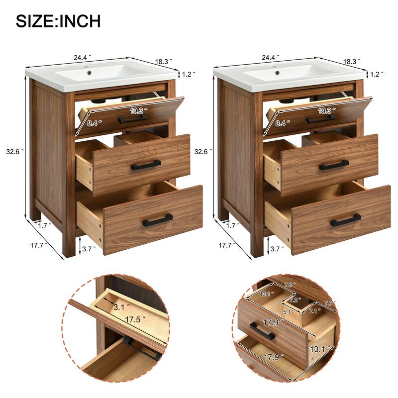 48"Bathroom Vanity with Ceramic Basin Sink,Storage Cabinet with 3 Drawers,Freestanding Bathroom Vanity Cabinet with Single Sink