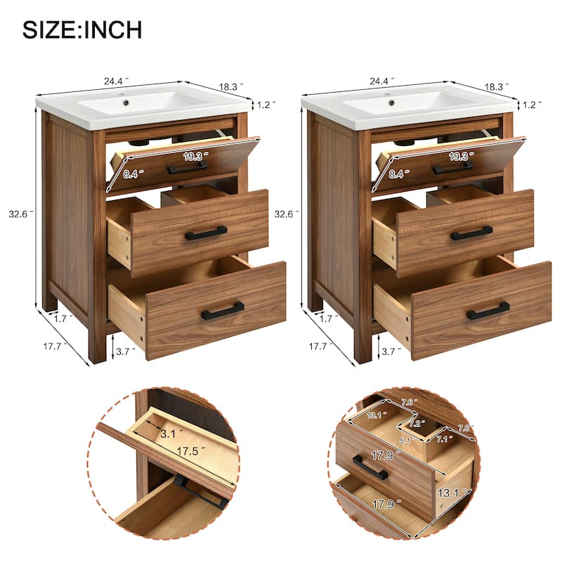 GDFStudio - Carrwood Modern Freestanding Double Bathroom Vanity Set with Single Ceramic Basin and Multi-Drawer Storage, Set of 2