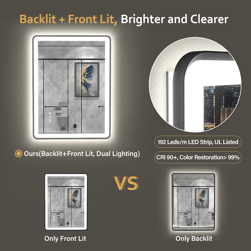 UL Certified Front & Back LED Anti-Fog Tempered Glass Framed Bathroom/Vanity Mirror 3-Year Warranty